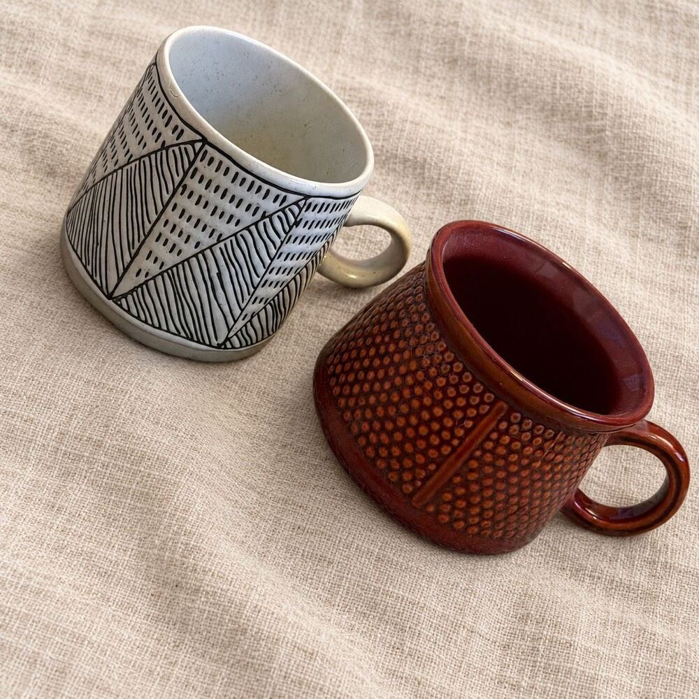 Boho Ceramic Mug Duo Cream Geometric & Rust Textured Set of 2